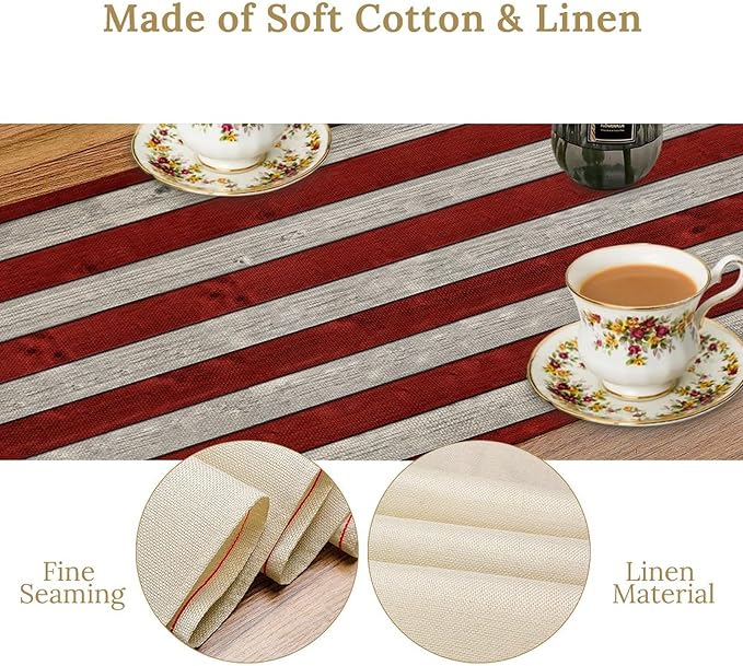 American Flag Table Runner, 4th of July USA Rustic Vintage Wooden Blue Red Stars Stripes Print Table Runner for Farmhouse Kitchen Dining Table Decor, 13x36inch