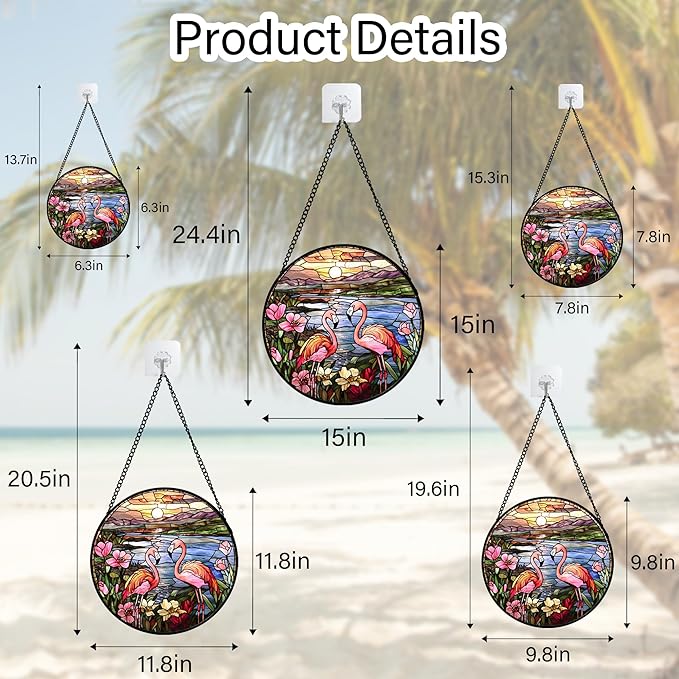 Stained Glass Window Hanging - Flamingo Wildflowers Landscape Suncatcher for Door Terrace Garden Home Decor Sunset Lake Sun Catcher Birthday Gifts for Lovers Women Men Dad Mom Nana 15 in