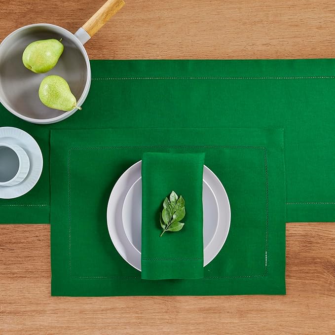 Solino Home Linen Table Runner 60 Inches - 100% Pure Linen Garden Green Hemstitch Table Runner 14 x 60 Inch Ideal for Dresser and Coffee Tables - Classic Hemstitch - Christmas