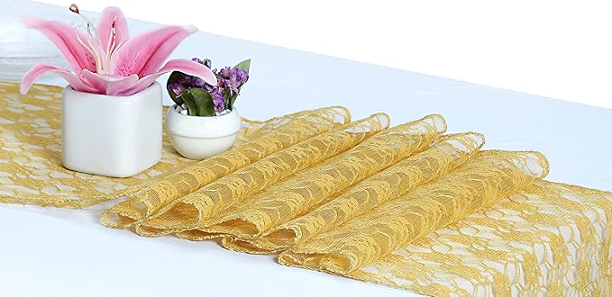 MDS Pack of 15 Wedding 12 x 108 inches Lace Table Runner for Wedding, Decorations for Birthday Parties, Banquets, Graduations, Engagements, and Runners fit Rectangle, Round Table- Gold