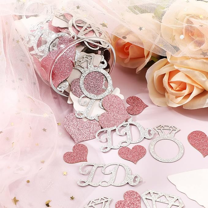 Zhanmai 240 Pieces Wedding Table Confetti, Glitter Rose Gold Heart Silver Diamond Ring I Do Scatter Party Table Decoration for Bridal Shower Engagement Bachelorette Party Decor
