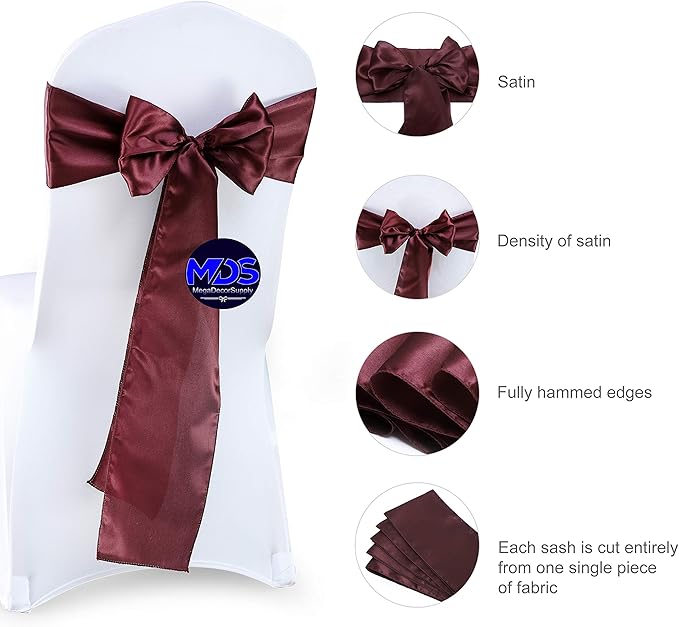 MDS Pack of 125 PCS Satin Chair Sashes Charmeuse Sateen Dining Chair Bows Ribbon Ties Back Sash for Wedding Party Birthday Home Hotel Restaurant Banquet Decoration (7 x 108 Inch, Burgundy)