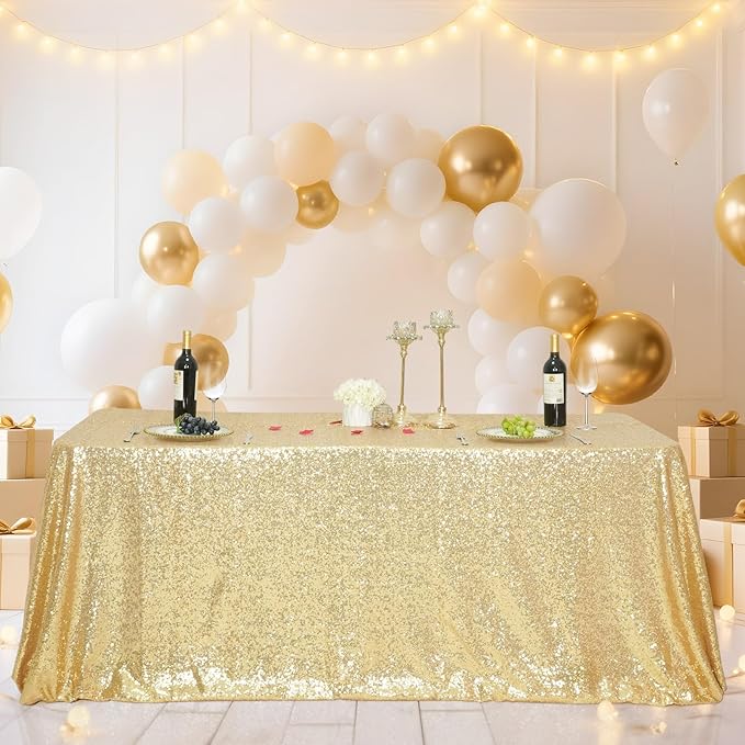 SquarePie Sequin Tablecloth 90 x 132 Inch Light Gold Sparkly Table Cloth for Wedding Party Decoration
