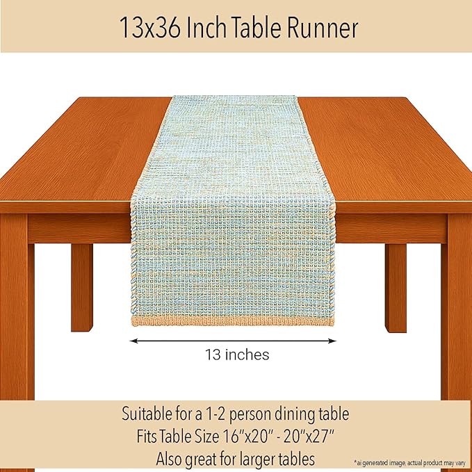 Chardin home Natural Jute Table Runner 13x36 Inch – Vintage Boho Rustic Table Decor – Handwoven Table Runner in Natural Jute and Sky Blue-White – Farmhouse Dining or Console Table Accent