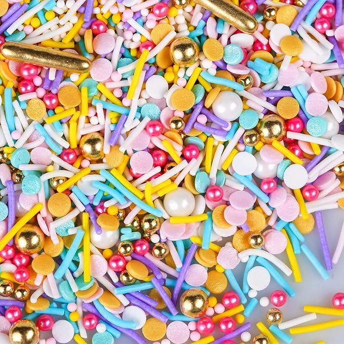 Rainbow Sprinkles for Cake Decorating 7ounce Cake sprinkles for Cupcakes Topper, Cookie Candy Decorations - Metallic Gold Sprinkles Sugar Pearls, Jimmies for Birthday wedding Celebrations Party