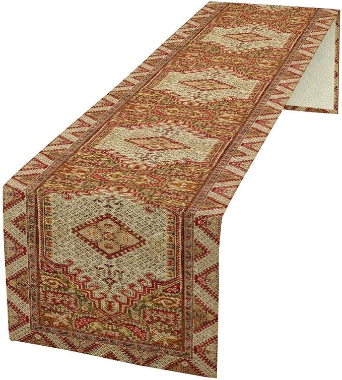 Boho Bohemia Style Orange Table Runner, Country Rustic Farmhouse Magical Abstract Print Pattern for Home Kitchen Table Decor Dining Coffee Room Garden Party Decor 13x36in