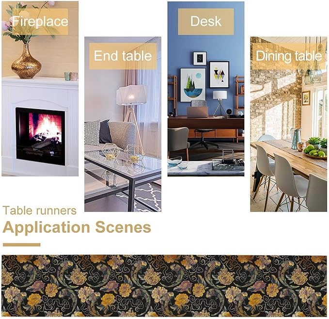 Japanese Table Runner Retro Flowers Oriental Tradition Kio Fish Art Printed Burlap Runner Home Kitchen Dining Table Living Room Decor Fabric 1 Panel W13xL120in
