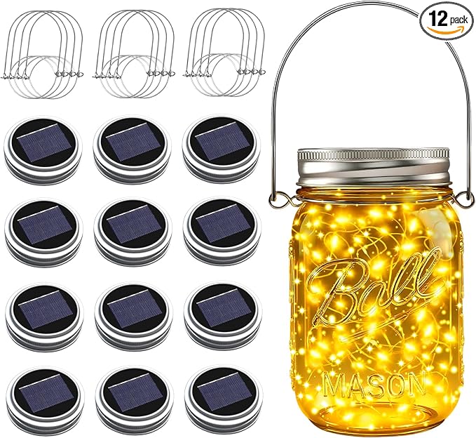 ZNYCYE Mason Jar Solar Lights for Outside, 12 Pack 30 LED Fairy Firefly Lights Mason Jar Solar Lids Outdoor Waterproof String Lights with Hangers(NO JARS) for Patio Garden Yard Lawn Decor - Warm White