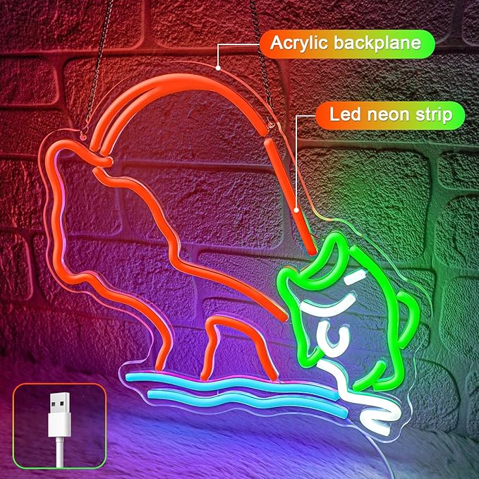Fishing Neon Sign,Neon fish Sign,Neon Signs for Wall Decor,LED Light Up Man Cave Sign with Fish Rod Graphic,Cool Gifts for Fishermen,Bar,Cabin,Rustic Lake House,USB Powered Neon Light