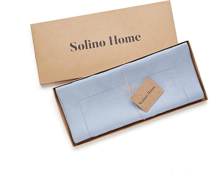 Solino Home Linen Sky Blue Table Runner 36 Inches - Classic Hemstitch, 100% Pure Linen Coffee Table Runner 14 x 36 Inch Ideal for Dresser Tables - Holiday