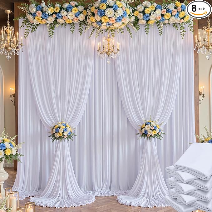 40×14 ft White Wrinkle Free Backdrop Curtain, Soft Silky Polyester Wedding Drapes 8 Panels 14ft Height Photo Backdrop Curtains for Parties Birthday Baby Shower Photography Background Cloth