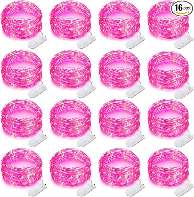 16 Pack 30 Led Fairy Lights Battery Operated String Lights 10 Feet Waterproof Twinkle Lights Mason Jar Lights Silver Wire Firefly Lights for Pink