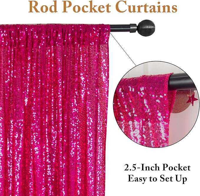 ShinyBeauty Sequin Curtains Hot Pink 2FTx8FT 4 Panels Sequin Photo Backdrop Shimmer Backdrop Fuchsia Glitter Curtains for Shower Sequins Backdrop Background