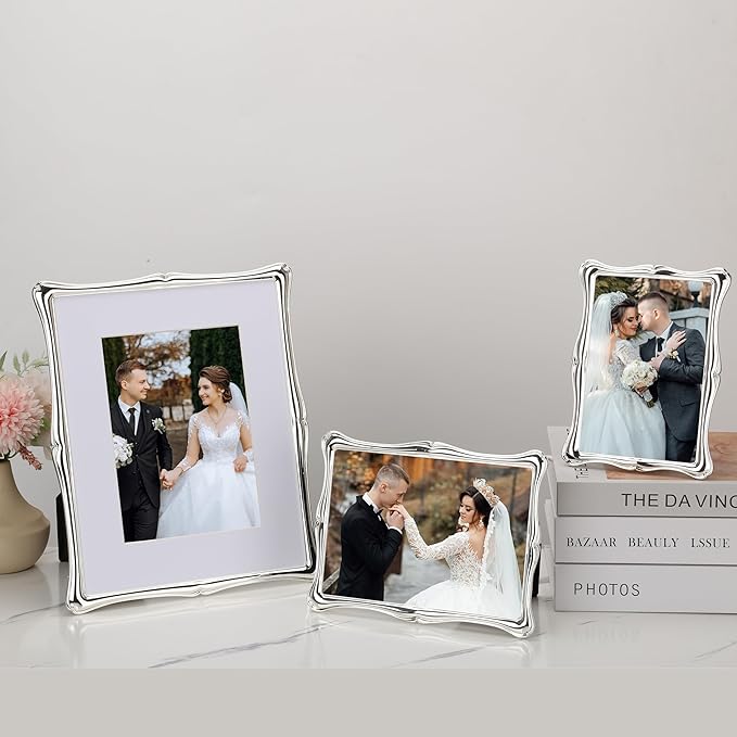 8 x 10'' Premium Alloy Silver Photo Frame with 5x7'' Mat - Luxury Hi End Display Picture Frames 5x7'' with Black Velevt Back