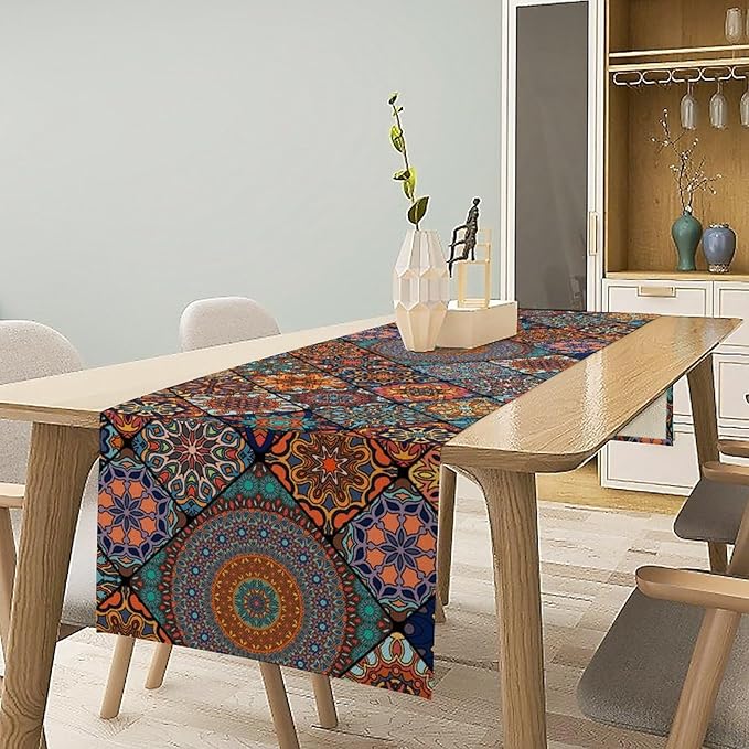 Bohemian Table Runner, Colorful Vintage Indian Mandala Floral Table Runners for Kitchen Dining Coffee Table Indoor Outdoor Party Decor, 13x70inch