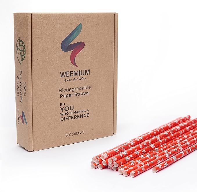 Weemium Christmas Paper Straws - [200 Pack] in 10 Designs - Biodegradable Christmas Straws for Drinking, Party and Crafts