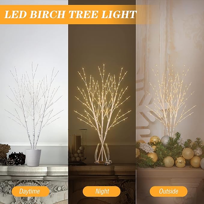 Bexdir Lighted Birch White Tree Branches 33IN 180LED with Timer Plug in, Artificial Tree White Birch Twig for Christmas Home Decor Party Wedding Bedroom