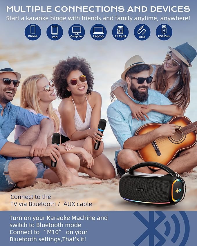 Karaoke Machine,IPX5 Waterproof Portable Bluetooth 5.3 Speaker with 2 Wireless Microphones for Adults & Kids,60W PA System Supports TWS/TF Card/USB/AUX/Live for Home Party-Black