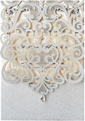 Hosmsua 5.1 x 7.3 Inch 50PCS Silver Glitter Wedding Invitation Cards with Rhinestone Laser Cut Hollow Flora Quinceanera Invitation with Envelopes for Bridal Shower Wedding Invite (Silver Glitter)