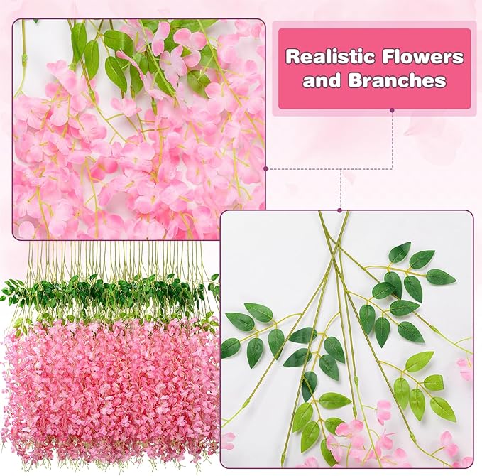 Wisteria Hanging Flowers,Fake Hanging Flowers,Wisteria artificiales Garland for Home Wedding Arch Floral Party Garden Ceremony Outdoor Decor,3.6 feet Long(48,Pink)