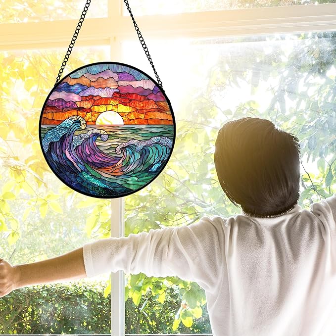 Stained Glass Window Hanging, Clouds and Sea Waves Suncatcher Diamond Glass Panel Hangings Scenery Sun Catchers Decor for Birthday for Women, Men, Wife, Aunt, and Mom 7.8 in