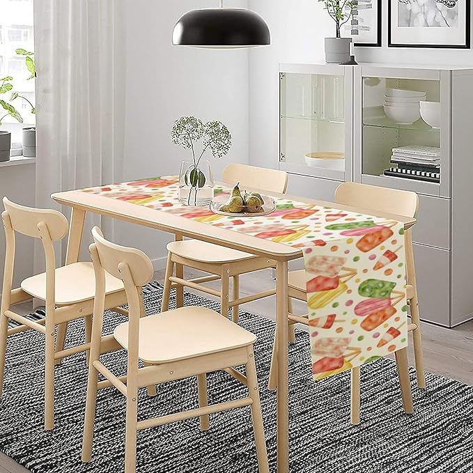 Summer Popsicles Table Runner, Watercolor Colorful Fruit Ice Cream Pops Berry Kiwi Cold Summer Sweet Seasonal Dinner Runner for Party Holiday Home Kitchen Dining Table Decor 13"x108"