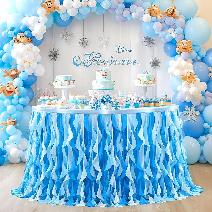 PARTISKY Ocean Blue Tulle Tutu Ruffle Curly Willow Table Skirt for Rectangle Table 6ft,Under The Sea Baby Shark Themed Table Cloth for Boys Girls Birthday Party or Baby Shower