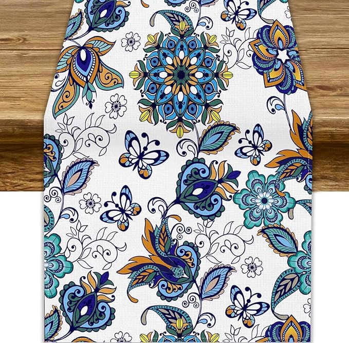 Oriental Paisley Table Runner, Luxury Vintage Blue Teal Floral Butterflies Print Table Runner for Home Dining Kitchen Coffee Table Party Decor, 13x36inch