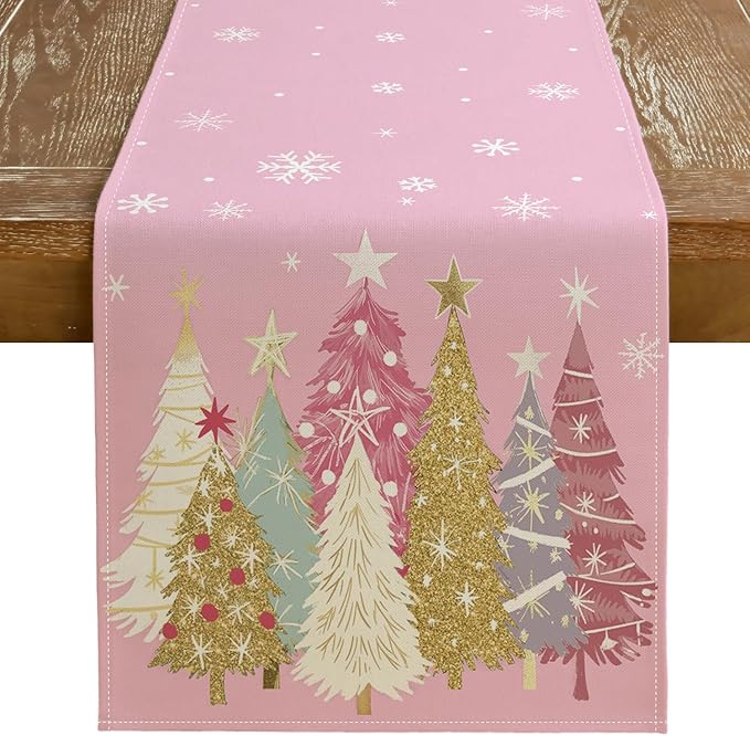 GEEORY Christmas Table Runner 13x60 Inch, Xmas Trees Snowflakes Holiday Decorative Farmhouse Table Decoration for Kitchen Dinning, Indoor Outdoor Dinner Party Decor (Pink) GT153-60