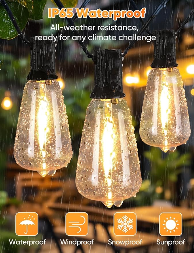 Brightever 60FT Outdoor String Lights with Remote, 3 Color in 1 LED String Lights for Outside with 19 Shatterproof ST38 LED Bulbs, 3 Modes 2 Timer Outside Lighting for Patio, Deck, 2700K/4000K/5000K