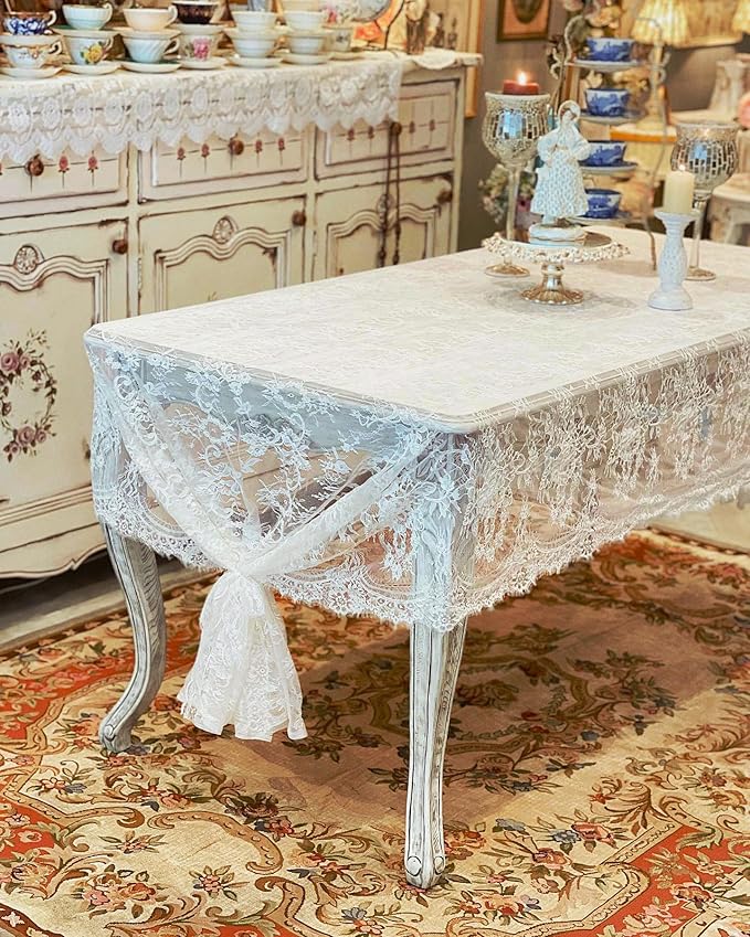 LuoluoHouse Rustic Ivory Wedding Tablecloths Lace Chic Rectangular Tablecloths for Wedding Reception Farmhouse Table Decorations 60x120 inch