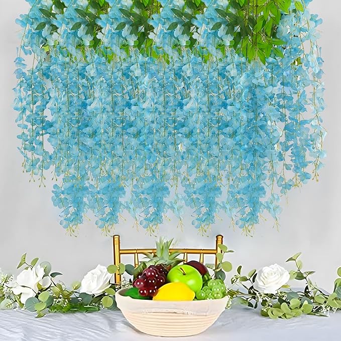 5 Pack Lake Blue Wisteria Hanging Flowers Garland, 3.77 Feet Artificial Flower Vines, Fake Wisteria, Artificial Vines Hanging Garland for Backdrop Outdoor Yard Garden Decor