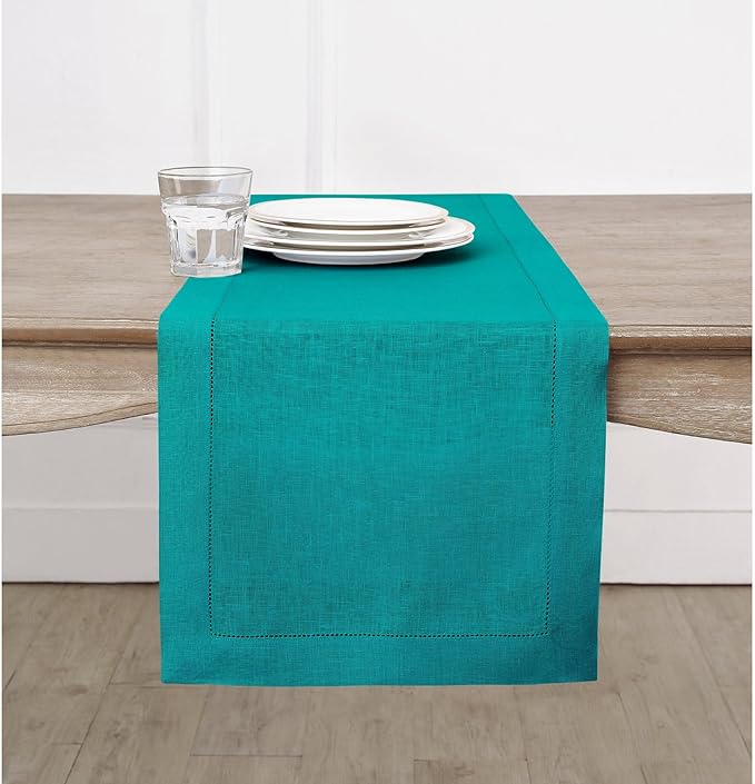 Solino Home Linen Table Runner 120 Inches Long - 100% Pure Linen Teal Table Runner 14 x 120 Inch for Fall, Autumn, Thanksgiving, Christmas - Classic Hemstitch