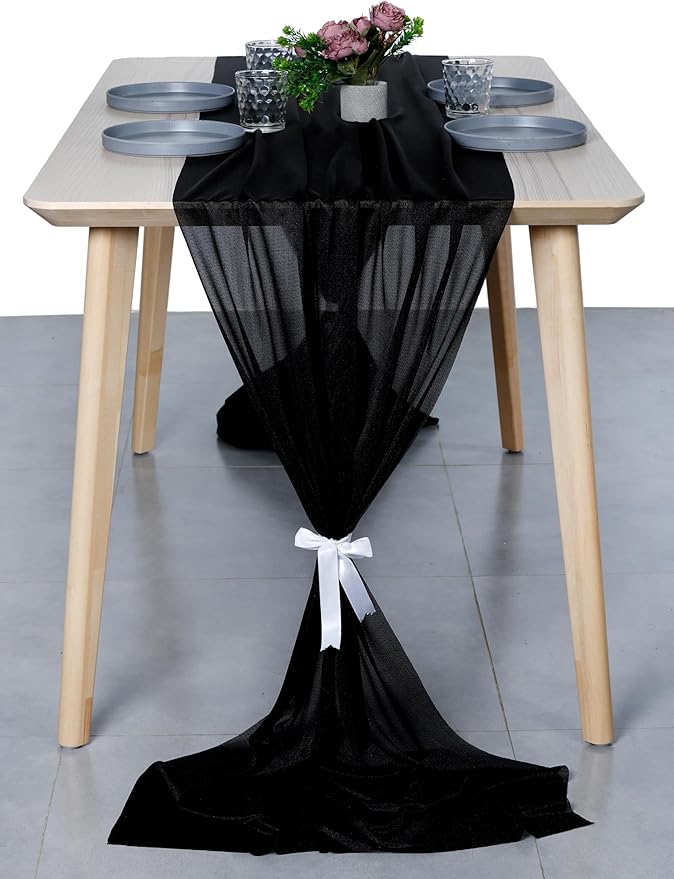 MDS Halloween Chiffon Table Runner - 10 Pack, 29 x 120 Inches, 10ft Each - Sheer Spooky Table Runners for Haunted House Parties, Trick-or-Treat Tables, Witchy Décor, Wedding & Events - Black
