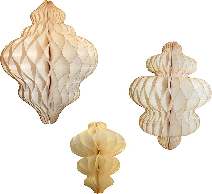 Set of 3 Vintage Ivory Honeycomb Tissue Paper Hanging Ornament Decorations (11 inch, 10 inch, 8 inch)