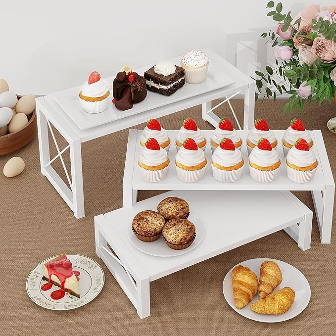 ELITEROO White 3-Tier Cupcake Stand & Wooden Display Riser, Dessert Stand for Cupcakes, Food, Perfume, Makeup, Dolls, Collectibles, Multi-Tiered Shelf Organizer for Market Vendors & Retail Display