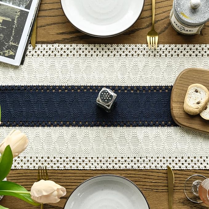 Artoid Mode Dark Blue Farmhouse Rustic Table Runner, Seasonal Holiday Hollow Kitchen Dining Table Decoration for Home Party Decor 12x72 Inch