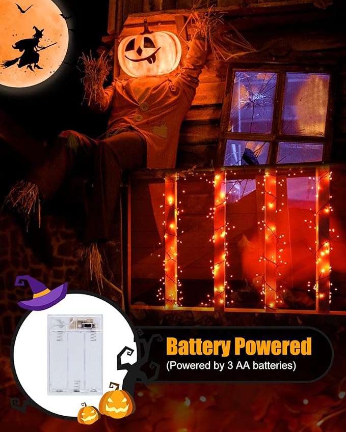 Minetom Fairy Lights Battery Operated, String Lights Waterproof Silver Wire 5 Feet 60 Led Firecracker Starry Lights for DIY Wreath Home Party Bedroom Mason Jar Indoor Halloween Decoration, Orange