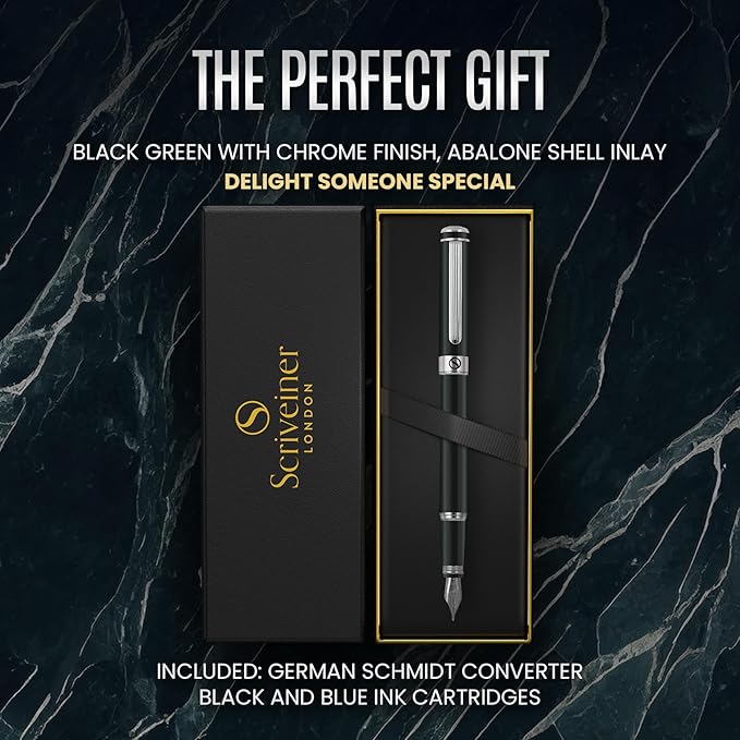 Scriveiner Black Green Fountain Pen - Stunning Luxury Pen with Chrome Finish, Schmidt Nib (Medium), Best Pen Gift Set for Men & Women, Professional, Executive, Office, Nice Pens