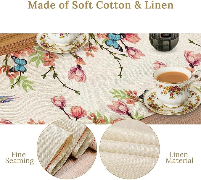 Floral Butterfly Table Runner Seasonal Spring Flower Bird Table Decoration Table Runner for Home Party Decoration 13x70 Inch