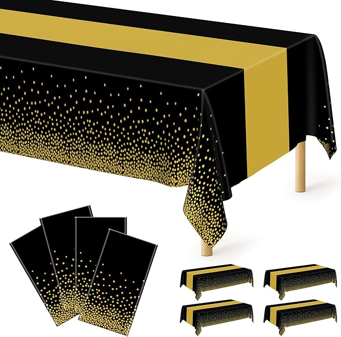4Pack Black and Gold Tablecloths for Events, 54" x 108" Plastic Table Cloth Disposable for Rectangle Tables, Waterproof Table Cloth Cover for New Years Eve Decorations Holiday Birthday Wedding Dining