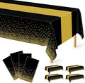 4Pack Black and Gold Tablecloths for Events, 54" x 108" Plastic Table Cloth Disposable for Rectangle Tables, Waterproof Table Cloth Cover for New Years Eve Decorations Holiday Birthday Wedding Dining