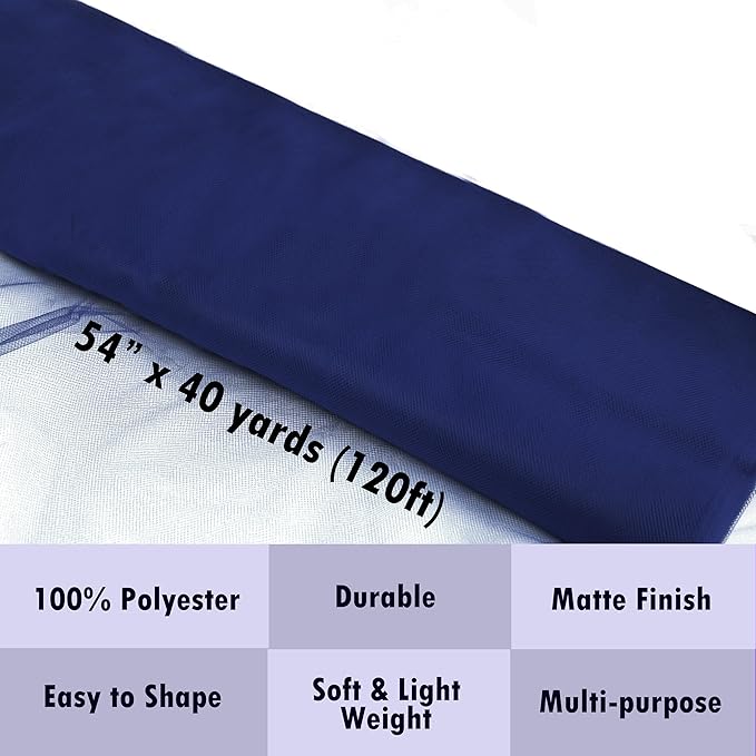 Craft And Party, Navy Blue Fabric Tulle Roll 54 Inch by 40 Yards (120 ft) Fabric Tulle Bolt for DIY Tutu Skirt, Wedding and Decoration (Navy Blue)