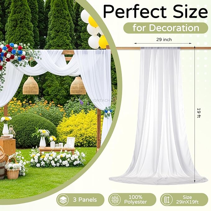 Wedding Arch Draping Fabric 29" x 19Ft Sheer Drapes for Backdrop Wedding Ceremony Reception Ceiling Decor Curtain Baby Bridal Shower Decoration (White, 3 Panels)