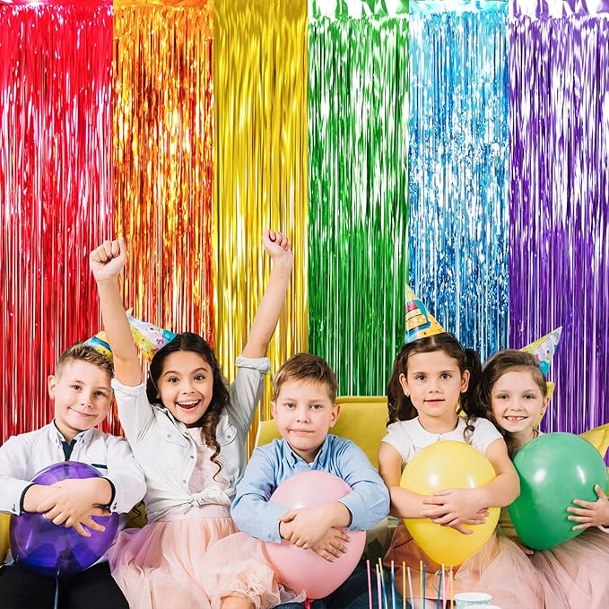 GOER 3.2 ft x 8.2 ft Metallic Tinsel Foil Fringe Curtains Party Photo Backdrop Party Streamers for Birthday,Graduation,New Year Eve Decorations Wedding Decor (4 Packs,Rainbow Colors)