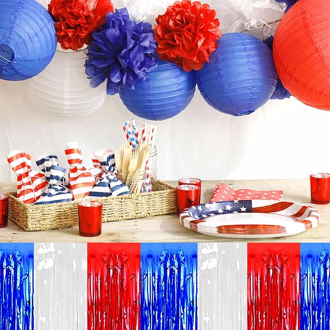3 Pack White Blue Red Foil Fringe Table Skirts Metallic Tinsel Streamers Garland Banner Backdrop for Table Decor, Parade Float, Birthday, Wedding, Halloween, Christmas Party Decorations(29x108 In)