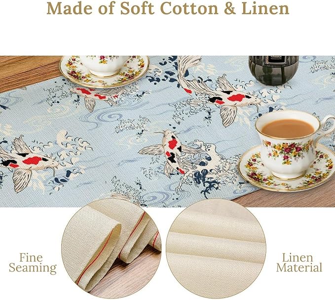 Kio Fish Table Runner Waves Retro Japanese Tradition Art Printed Burlap Runner Home Kitchen Dining Table Living Room Decor Fabric 1 Panel W13xL120in