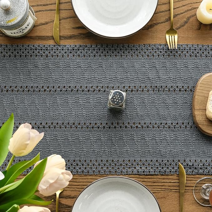Artoid Mode Dark Grey Farmhouse Woven Rustic Hollow Table Runner, Seasonal Holiday Hollow Kitchen Dining Table Decoration for Home Party Decor 12x60 Inch