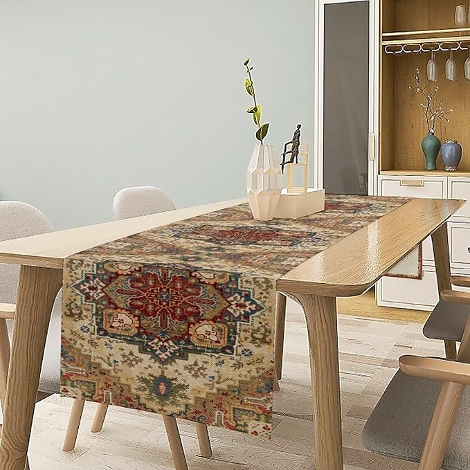 Boho Bohemia Style Table Runner, Vintage Yellow Brown Retro Flower Rustic Country Style Floral Print Pattern for Home Kitchen Table Decor Dining Coffee Room Garden Party Decor 13x60in