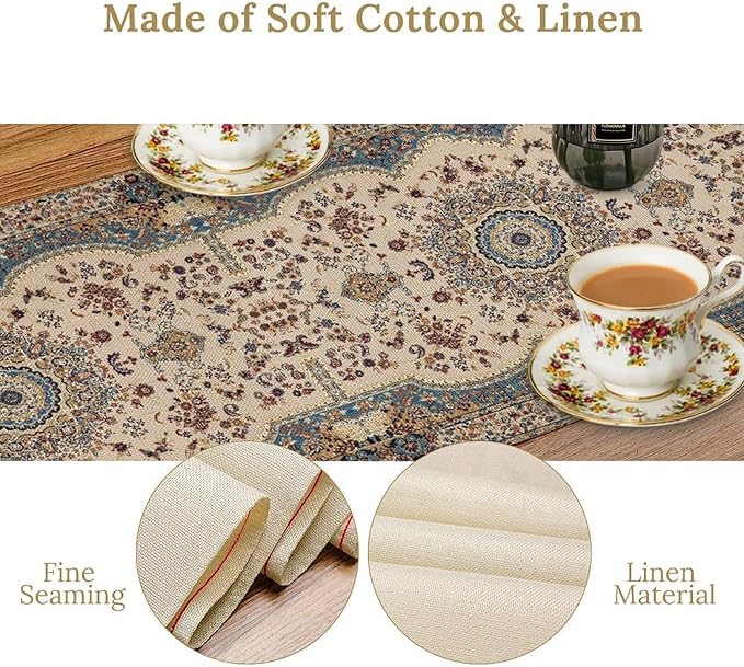 Boho Vintage French Table Runner,Retro Flower Rustic Country Style Floral Print Pattern for Home Kitchen Table Decor Dining Coffee Room Garden Party Decor 13x60in